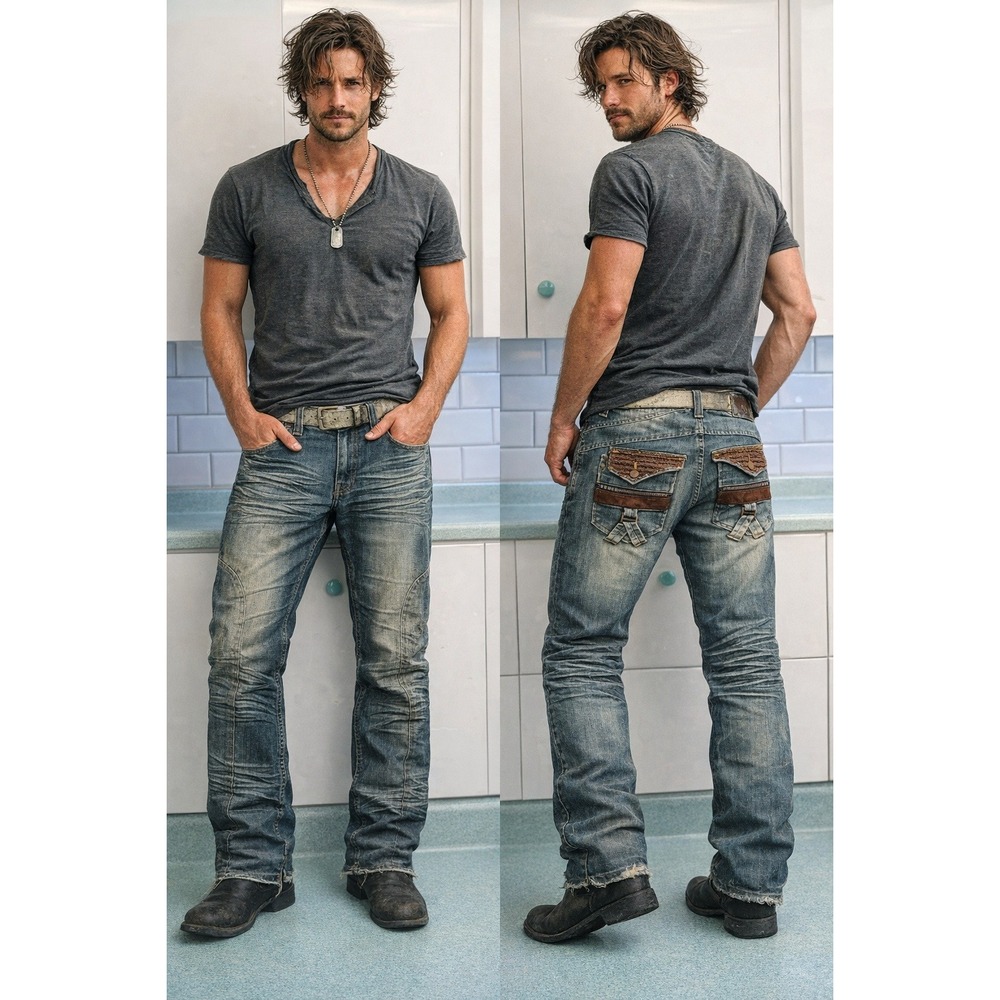 FUSAI Focus USA Mens Straight Leg 36 Streetwear Jeans Embroidered Pockets Y2K